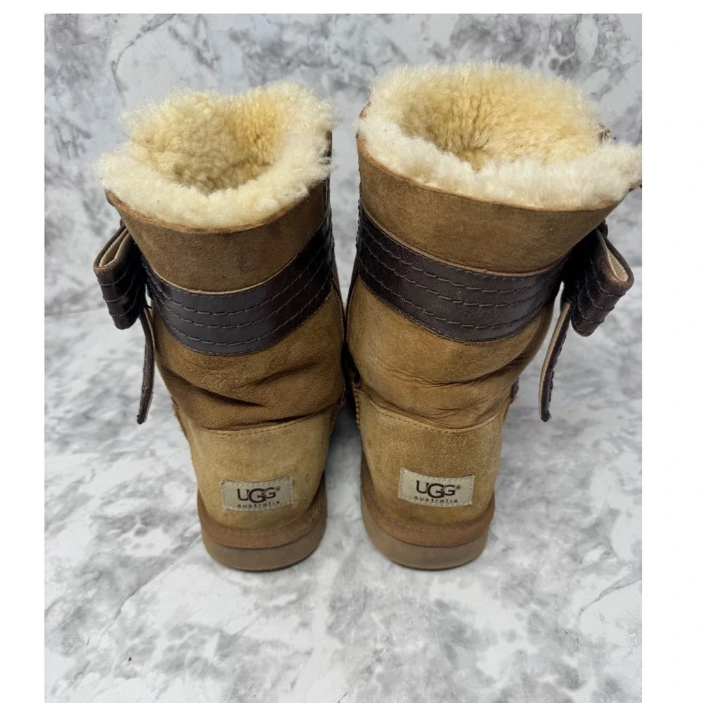 UGG Australia Chestnut Suede Leather Bow Shearling Boots rare Womens 8